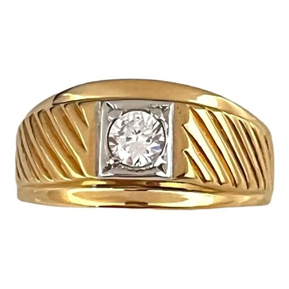 Vintage 1970s Solitaire Ring Size 10 CZ Textured 18KT Gold Plated Band - 14O